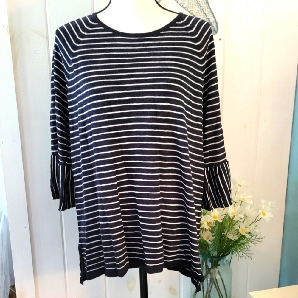 J Jill Linen Blend Navy & White Stripe Sweater Tunic